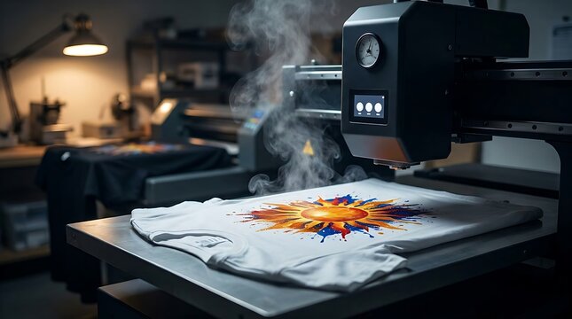 Automated digital t-shirt printing machine working in textile production workshop printing vibrant colorful sun graphic design on white fabric garment with steam rising from print area.