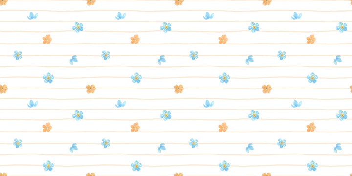 Seamless pattern with tiny flowers and stripes on white background. Watercolour ditsy cute print for textiles, wallpaper, and fabric design
