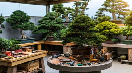 Fototapeta premium Exquisite Bonsai Cultivation Studio with Mature Trees and Artisanal Tools on Display