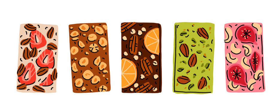 Flat design artisan chocolate bar collection, strawberry almond, hazelnut, orange pecan hazelnut, matcha pistachio almond, fig cashew ruby vector illustration
