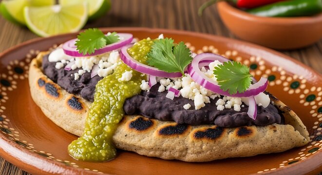Traditional Bean Tlayuda Topped with Salsa Cheese Onion and Cilantro on Clay Plate