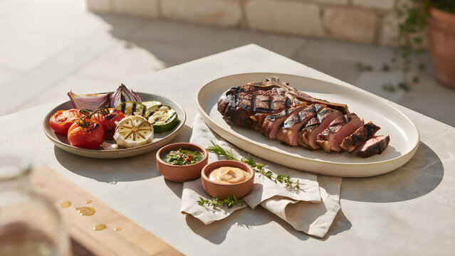Grilled t-bone steak served with roasted vegetables and sauce on a serving plate for a delicious gourmet dinner meal