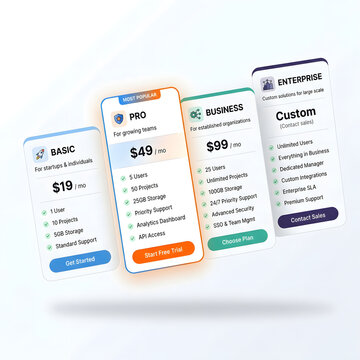 Pricing plan selection table for mobile application subscription services user interface
