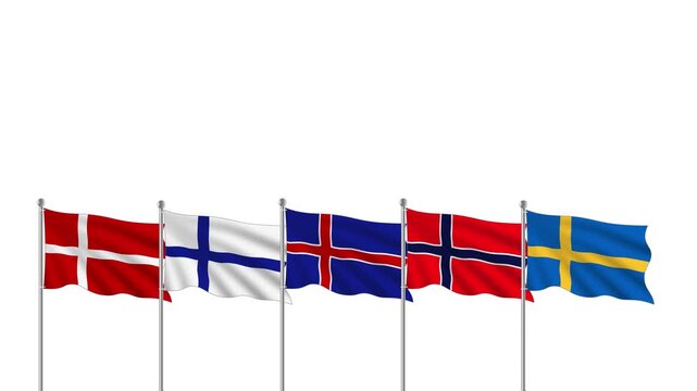 Scandinavian country flags waving on silver flagpoles isolated on white background. 4K footage of Denmark, Finland, Iceland, Norway, and Sweden national flags.