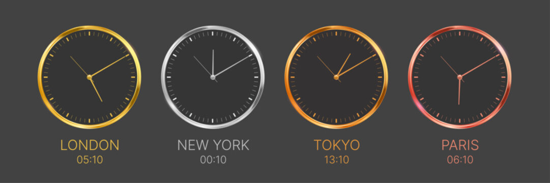 Luxury World Clock Collection with London, New York, Tokyo and Paris Time Zone Analog Clock Vector Illustration