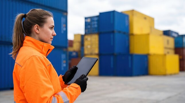 Logistics operator with tablet in container yard