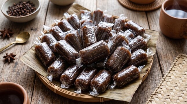 Traditional Indonesian sweet sticky rice candy, jenang kudus or dodol, individually wrapped in plastic, served on dried banana leaves inside a bamboo tray on a wooden table.