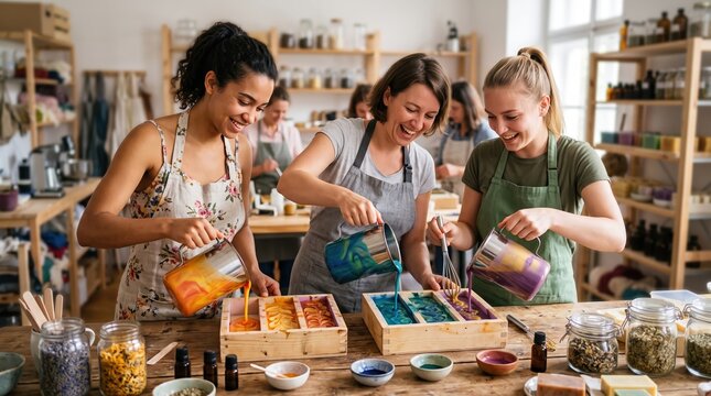 Joyful women making natural artisan soaps