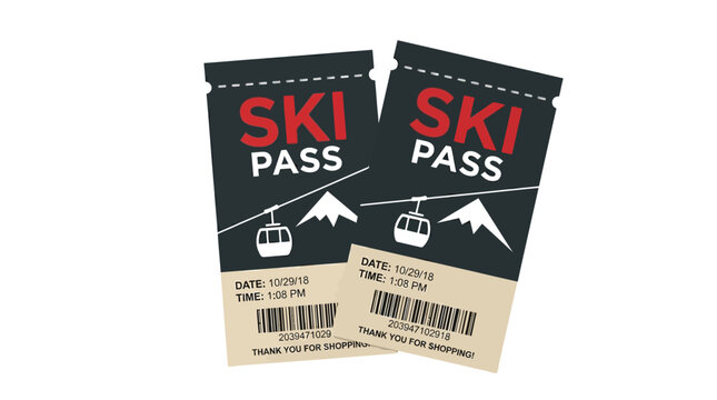 Two black ski pass tickets with red text and white mountain icons on beige paper