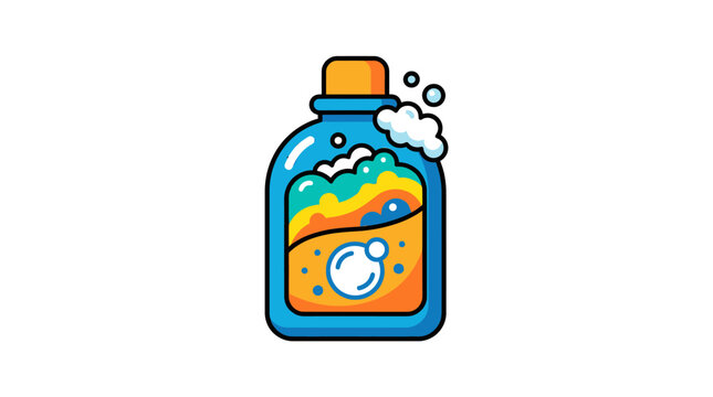 Plastic bottle with colorful cleaning liquid and foam bubbles isolated on white