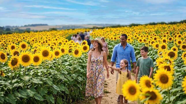 Joyful family strolls through a sunflower farm