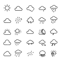 Obraz premium Weather icons set with arranged in a grid pattern of 5x5 icons with uniform spacing featuring sunny, cloudy, rainy with monochromatic and minimalist