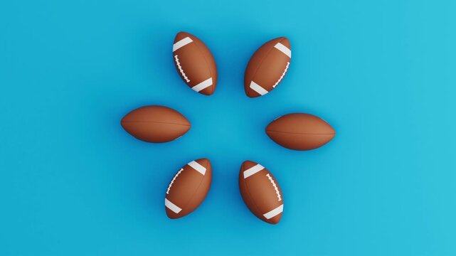Six American Football Balls Rolling in Circular Loop on Blue Background. Seamless 3D Render Animation.