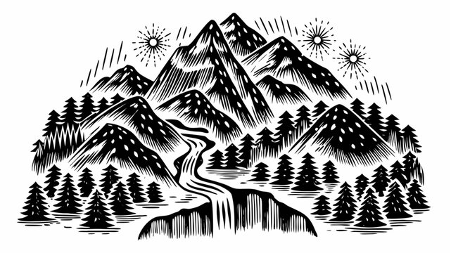 Graphic mountain landscape with stream and sun symbols in etched style, mountain