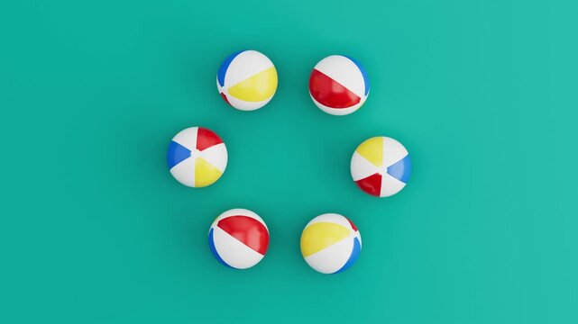 Six Beach Balls Rolling in Circular Loop on Blue Background. Seamless 3D Render Animation.