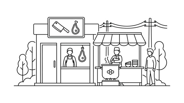 A line art illustration of a butcher shop and a street food stall with people.