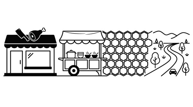 A horizontal line art illustration depicting a butcher shop, food cart, honeycomb pattern, and a scenic road.