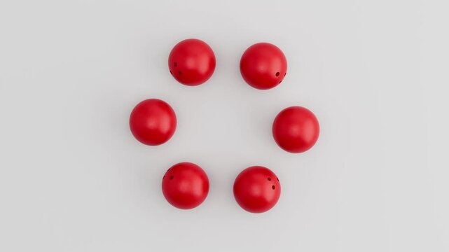 Six Bowling Balls Rolling in Circular Loop on Gray Background. Seamless 3D Render Animation.