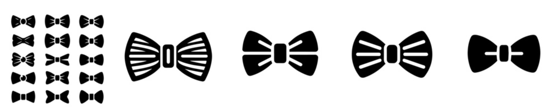 Set of black bow tie icons. Classic, modern, and striped bowties vector illustration.