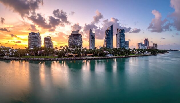 Coastal city skyline at sunset reflecting in calm water.