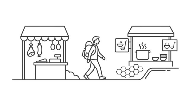 A line art illustration of a traveler walking between two market stalls.