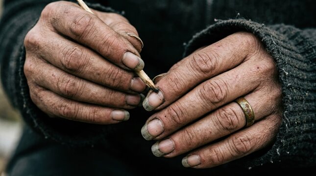 Close-up of dirty hands using a wooden stick to clean under long fingernails. Homeless person struggling with basic hygiene. Poverty and hardship concept