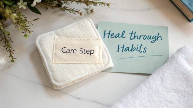 Care Step Concept for Healing Through Healthy Habits with Soft Textiles and Natural Accents on a Calm Background