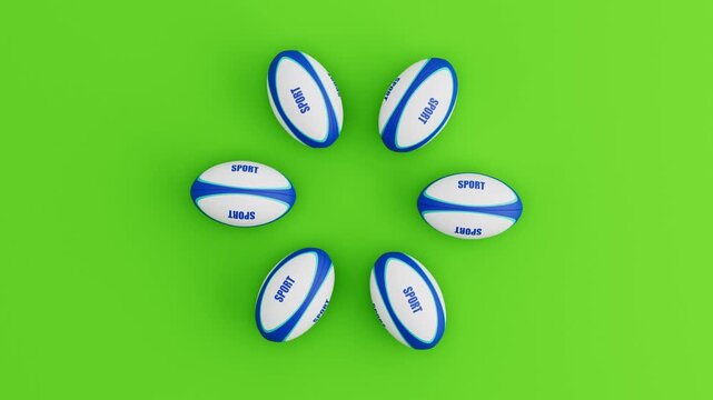 Six Generic Rugby Balls Rolling in Circular Loop on Green Background. Seamless 3D Render Animation.
