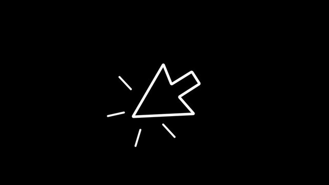 Glowing white line mouse pointer click icon animation on black background, minimalist computer cursor clicking graphic with interactive line burst effect,dark mode navigation web design loop element.