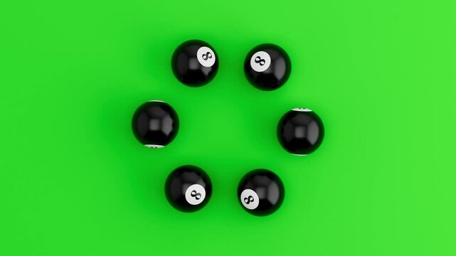 Six Pool 8 Balls Rolling in Circular Loop on Green Background. Seamless 3D Render Animation.