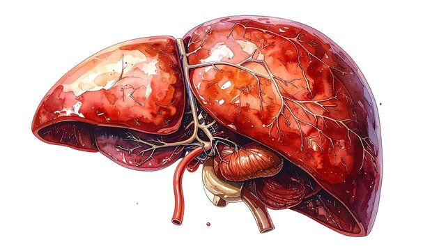 A detailed illustration of a human liver with visible blood vessels and a gallbladder