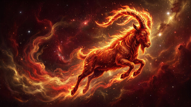 Year of the Red Fire Goat powerful zodiac creature in cosmic flames