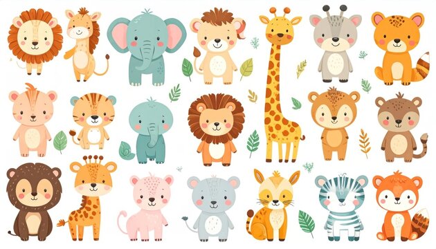 Cute cartoon safari animals set on white background.