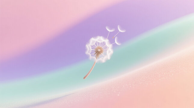 Delicate white dandelion seed head floating gracefully against a soft pastel gradient background with dreamlike lighting