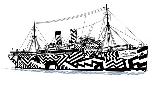 British SS Queen Victoria merchant navy cargo ship with dazzle camouflage from World War I vector illustration