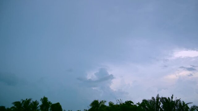 Cinematic timelapse of storm clouds moving over tropical trees on a moody blue sky background. Dramatic sky timelapse with dark rain clouds drifting over green treetops before a monsoon storm