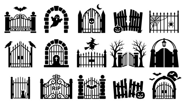 Halloween Cemetery Gates Silhouette Icon Set Featuring Spooky Haunted Entrance Fences With Ghosts Bats And Pumpkins