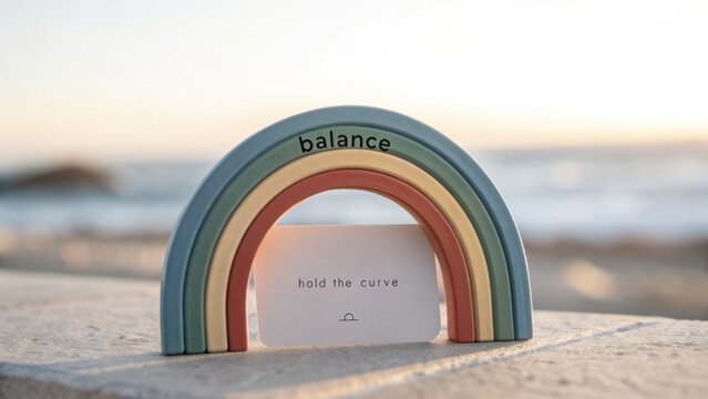Colorful Rainbow Decoration with Inspirational Message on a Beach Against Soft Sunrise Light and Calm Ocean Waves