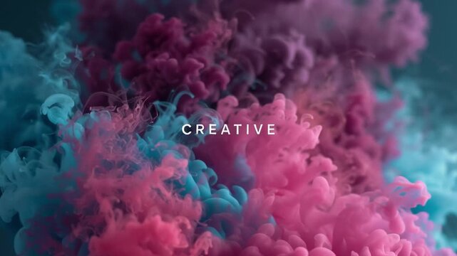 Colorful liquid textures swirl together to form the word creative. The bold letters appear amidst a dynamic display of pink and blue hues, creating an energetic visual effect.