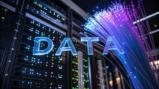Colorful Fiber Optic Cables with Data Text over Server Rack Representing Digital Technology and Information Transmission
