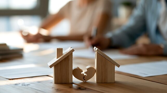 Wooden houses and a split heart on a table while a couple signs legal documents in the background. Concept of divorce mediation, property settlement, family law and inheritance planning