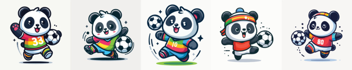 Cute panda playing soccer cartoon illustration set. Vector collection of funny baby panda characters kicking football, wearing sports jerseys isolated on white background. © Sromben
