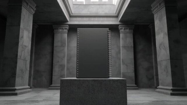 Minimalist Grayscale Architectural Interior with a Dark Rectangular Monolith on a Pedestal in a Classical Hall