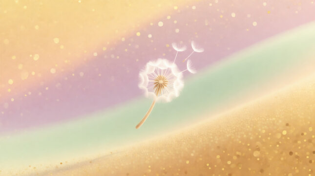 Delicate dandelion flower seeds floating in a soft dreamy pastel gradient background with golden sparkling lights