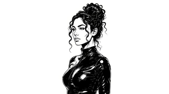 Black and White Scratchboard Illustration of Confident Woman in Glossy Latex Suit &ndash; Vintage Fashion Engraving