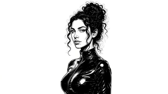 Black and White Scratchboard Illustration of Confident Woman in Glossy Latex Suit &ndash; Vintage Fashion Engraving