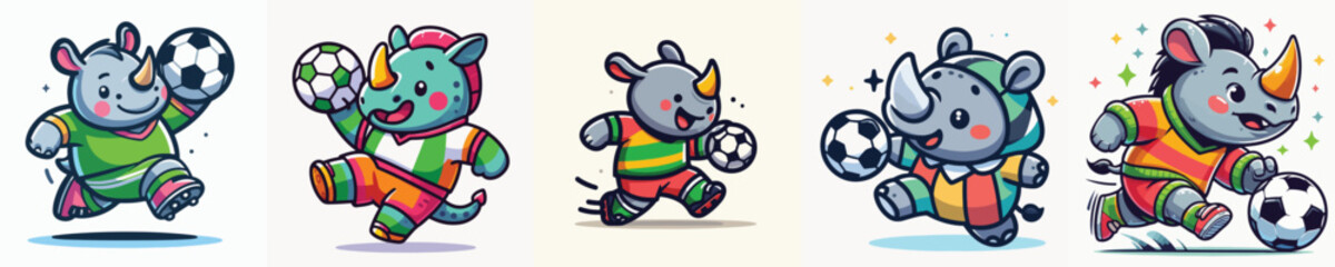 Set of cute rhino football player mascots. Kawaii rhinoceros running and playing soccer vector illustration for kids apparel, t-shirt design, and sports stickers. © Sromben