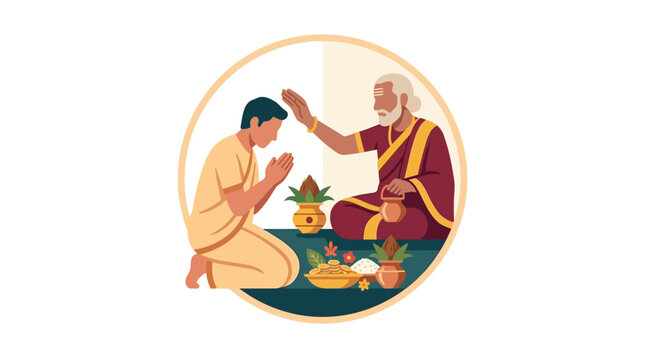 An elderly Indian man blessing a young man during a traditional religious ceremony.