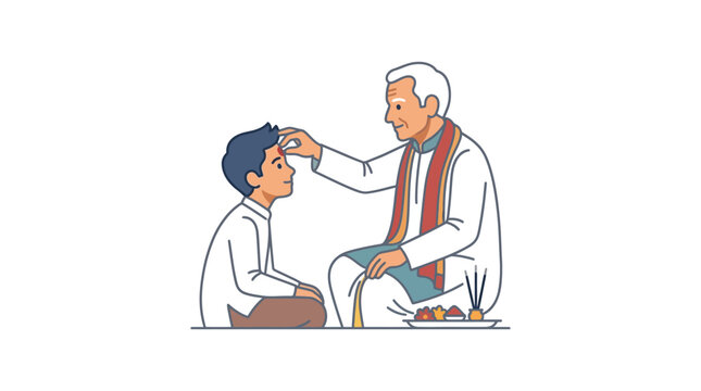 An elderly man applying a tilak on a young boy during a traditional ceremony.
