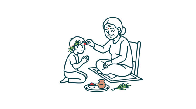 An elderly woman applying a traditional red tika mark on a young childs forehead.